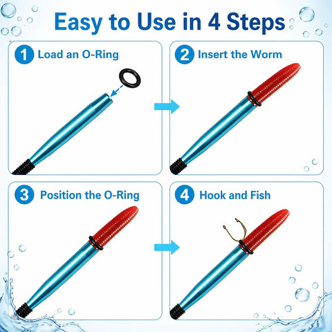 Illustration of Worm Rig Tools Kit With 320 Wacky O Rings showing 4-step fishing process with aluminum tool