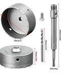 Heavy-Duty 6 Inch Concrete Hole Saw Kit With Tungsten Steel Wall Cutter Drill Bit Set showing components and measurements