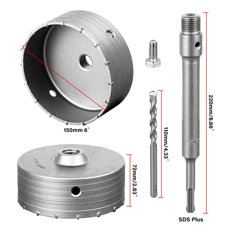 Heavy-Duty 6 Inch Concrete Hole Saw Kit With Tungsten Steel Wall Cutter Drill Bit Set showing components and measurements