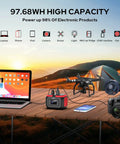 Portable Power Station 97.68Wh Solar Generator With 110V AC Output 120W Peak USB Fast Charge DC LED Light And High Density Lithium Battery displayed on a camping table powering various devices like a laptop, camera, and drone.