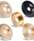 Front view of Pomsare 5-pack copper knurled wood carving discs for 4" and 4-1/2" angle grinders with 5/8" arbor