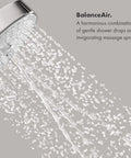 Rain Showerhead With Air Infusion Three Spray Modes BalanceAir Whirl RainAir With AirPower And QuickClean Chrome Finish Delivers Spa Vibe Shower Experience At Up To 2 GPM in use, BalanceAir spray visible