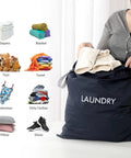 Person organizing clothes into Navy Blue Two Pack Travel Laundry Bags Wet Dry Bag With Zipper Water Resistant Nylon Odor Proof Pouch