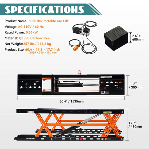 Specifications image for Heavy Duty 5000 Lb Portable Car Lift With Rock Solid Q355B Steel Scissor Jack.