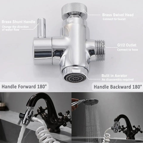 Brass Diverter Valve With Aerator And 3 Way Splitter, Male Thread Adapter, 360 Swivel Faucet Connector For Sink Hose Attachment