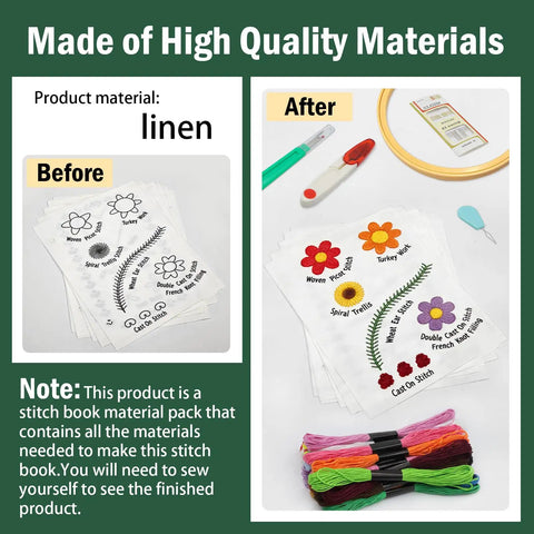 Made of high quality linen materials, embroidery stitch book with detachable fabric panels, practice patterns, complete tool kit