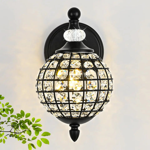 Lumestary 1 Piece Black Crystal Globe Wall Sconce, 1-Light Matte Black Finish Wall Sconce for Bathroom Bedroom Living Room, Vintage Vanity Light with ornate crystal design.