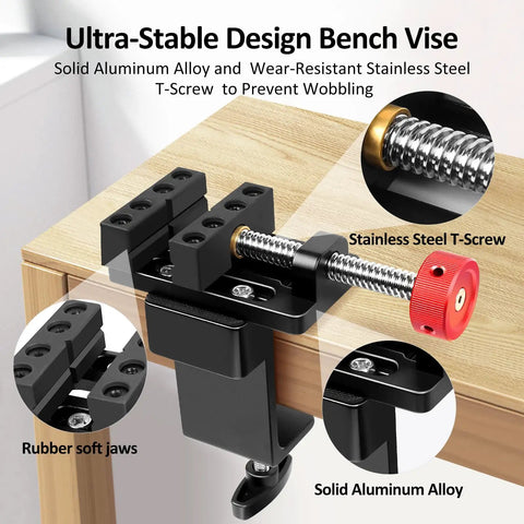 Tiny But Mighty Mini Drill Press Vise With Rubber Soft Jaws Aluminum Precision Clamp 0 To 2.48 Inch Range C-Clamp on desk edge
