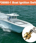 Keyed Marine Boat Ignition Switch With Keys 3 Terminals 3 Position Off Run Start 12V 15A Heavy Duty Marine Electrical Switch for boats shown next to a speeding boat on the water.