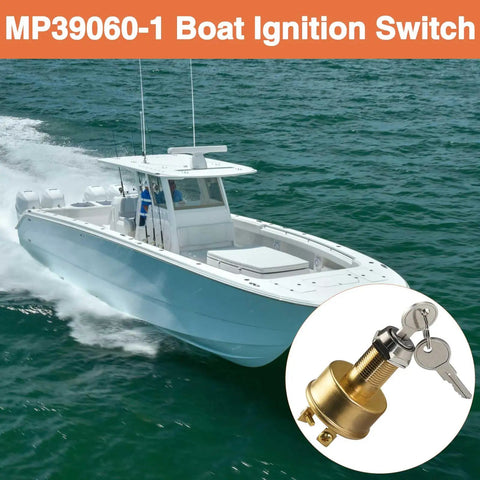 Keyed Marine Boat Ignition Switch With Keys 3 Terminals 3 Position Off Run Start 12V 15A Heavy Duty Marine Electrical Switch for boats shown next to a speeding boat on the water.
