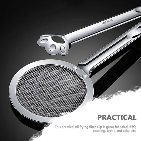 304-grade stainless steel oil strainer clamp with circular mesh filter and claw design for frying