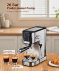 Top Shelf Automatic Espresso Coffee Maker With 20 Bar Pressure And Glowing Touchscreen Panel Offering Zero Fuss One Button Operation For Crisp Americanos Silky Milk Froth And Quick Steam Power For Your Daily Grind Now on a wooden table with espresso shots.