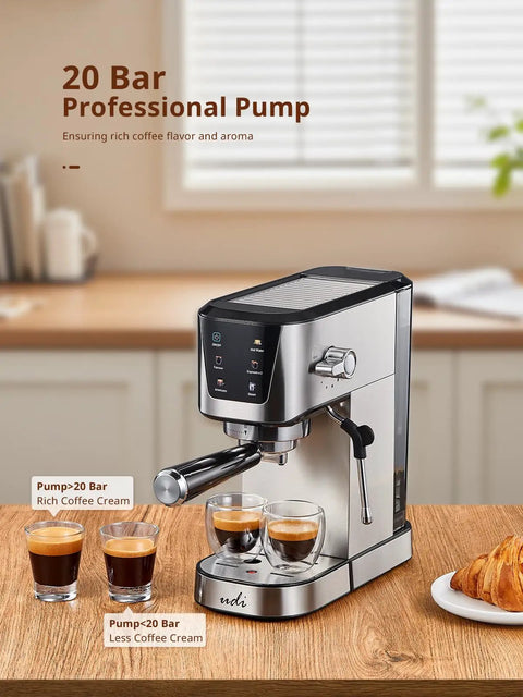 Top Shelf Automatic Espresso Coffee Maker With 20 Bar Pressure And Glowing Touchscreen Panel Offering Zero Fuss One Button Operation For Crisp Americanos Silky Milk Froth And Quick Steam Power For Your Daily Grind Now on a wooden table with espresso shots.