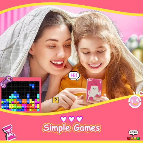 Mother and daughter using Kids MP3 Player With Bluetooth, 32GB Pink Portable Music Player For Kids with cartoon bear paw button.