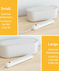 White Cable Management Box For Power Strips Up To 10.5 Inches, floor outlet hideaway, shown in two sizes on a desk.
