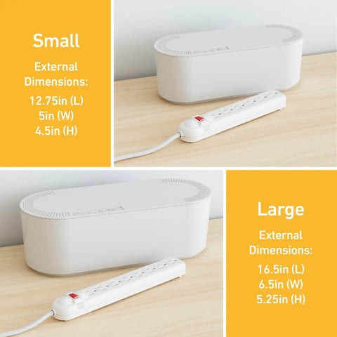 Large White Cable Management Box For Power Strips And Cords, Floor Outlet Hideaway with dimensions, next to power strip.