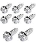 Solid Grip Eight Piece License Plate Screw Kit Forged From Military Grade Stainless Steel Hex Bolts in clean silver.