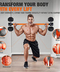 Person using Dumbbell To Barbell Converter For Your Home Gym Turn Dumbbells Into A Barbell Set Weight Bar For Bench Presses Squats Hip Thrusts Deadlifts And Versatile Strength Training Gear with muscle focus graphics shown.