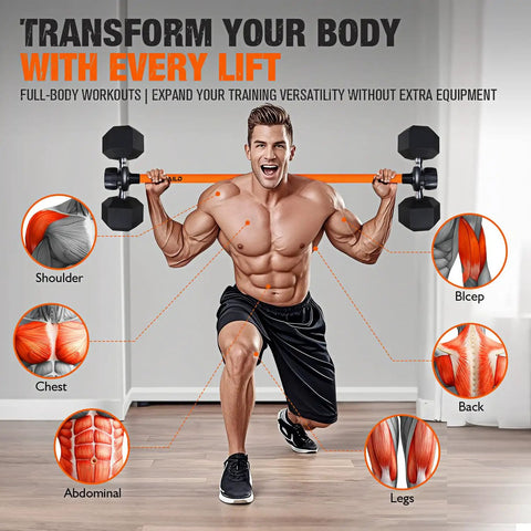 Person using Dumbbell To Barbell Converter For Your Home Gym Turn Dumbbells Into A Barbell Set Weight Bar For Bench Presses Squats Hip Thrusts Deadlifts And Versatile Strength Training Gear with muscle focus graphics shown.