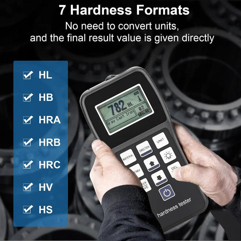 Portable Metal Hardness Tester Kit With Test Block Pen Type Gauge Seven Hardness Scales On The Go held by hands displaying measurement.
