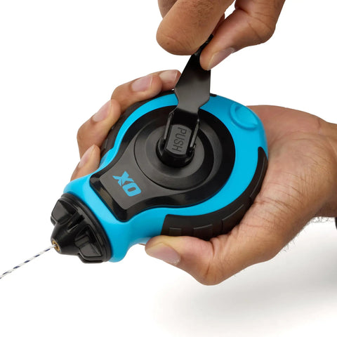 Chalk Line Kit With 100 Ft Thick Line Curved Hook 6 To 1 Gear Ratio Metal Handle Easy Top Load Ergonomic Shape And Rubber Grips