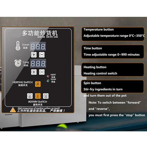 Close-up of control panel for Electric Coffee Roaster Machine With Adjustable Temperature And Timer 1800W Stainless Steel Nonstick Bean Nut Roaster.