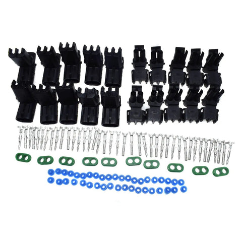 Awesome 10-Piece Two-Way Weather Pack Male And Female Connector Harness Kit For Super Stable Wiring With High Reliability And Easy Install No Docs Needed Just Snap It In And Go. black connectors, terminals, seals