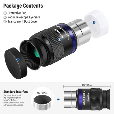 Zoom Telescope Eyepiece 7-21mm Focal Range For Astronomy, 15mm Eye Relief, 40 To 57 Degree Field Of View, 1.25 Inch Barrel
