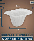 600 Count White Paper Coffee Filters For Keurig 1.0 And 2.0, compact disposable filter measurements with text overlay.