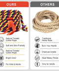 Comparison image of Tug Of War Rope Kit For Field Day And Backyard Fun, showing colorful cotton rope vs hemp rope options.