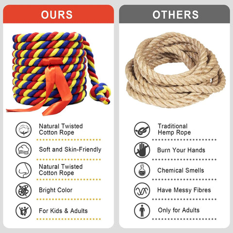 Comparison image of Tug Of War Rope Kit For Field Day And Backyard Fun, showing colorful cotton rope vs hemp rope options.