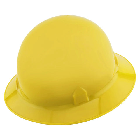Full Brim Safety Hard Hat With 8 Point Ratchet Suspension, Lightweight HDPE Construction, High Visibility Yellow, angled view