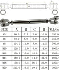 Heavy Duty 304 Stainless Steel Jaw Turnbuckle Closed Body Design For Marine Rigging And Outdoor Construction Projects with size chart.