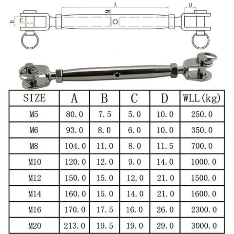 Heavy Duty 304 Stainless Steel Jaw Turnbuckle Closed Body Design For Marine Rigging And Outdoor Construction Projects with size chart.