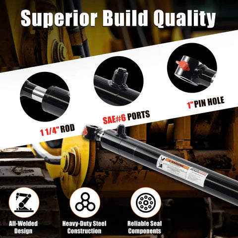 Beefy Heavy Duty Double Acting Hydraulic Cylinder 2 Inch Bore 22 Inch Stroke with 1 Inch Pin Holes SAE 6 Ports 3000 PSI