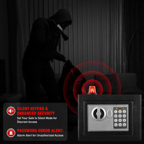 Mini Personal Safe Box 0.4 Cu Ft Beefy Steel Digital Safe With Electronic Lock displayed against a background, highlighting security.