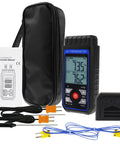 Front view of a dual-channel K/J thermometer with blue LCD, four K-type probes, carrying case, and instruction manual.