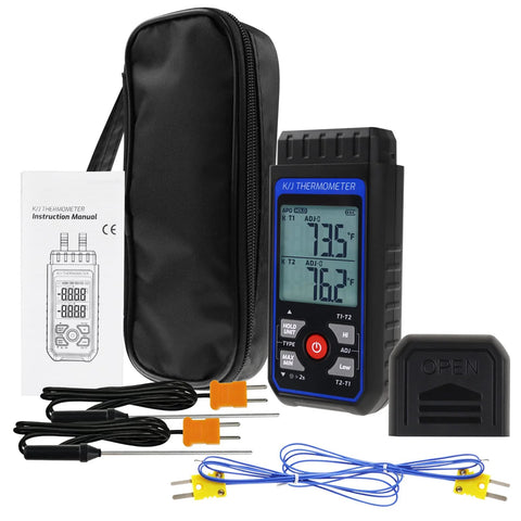 Front view of a dual-channel K/J thermometer with blue LCD, four K-type probes, carrying case, and instruction manual.