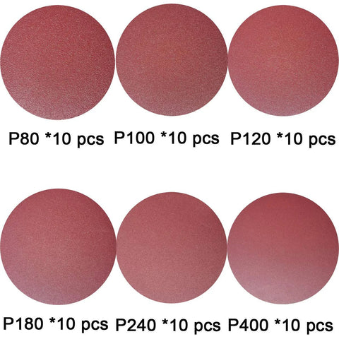Front view of 6-inch PSA sanding discs set, 60 pcs (10 each P80-P400), red self-adhesive abrasive.