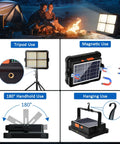 Image showing Powerful 100W Rechargeable Work Light with 336 LEDs used on tripod, magnetic, handheld, and hanging setups.