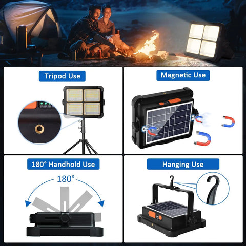 Image showing Powerful 100W Rechargeable Work Light with 336 LEDs used on tripod, magnetic, handheld, and hanging setups.