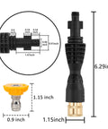 Pressure Washer Gun Adapter Kit With 1/4 Inch Quick Connect Socket And 5 Nozzles, showing dimensions and components.