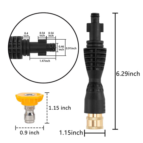 Pressure Washer Gun Adapter Kit With 1/4 Inch Quick Connect Socket And 5 Nozzles, showing dimensions and components.