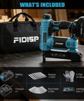 Legendary 18 Gauge Cordless Brad Nailer And Nail Gun With Fast Charge Battery Pack including battery, charger, staples, and brad nails.