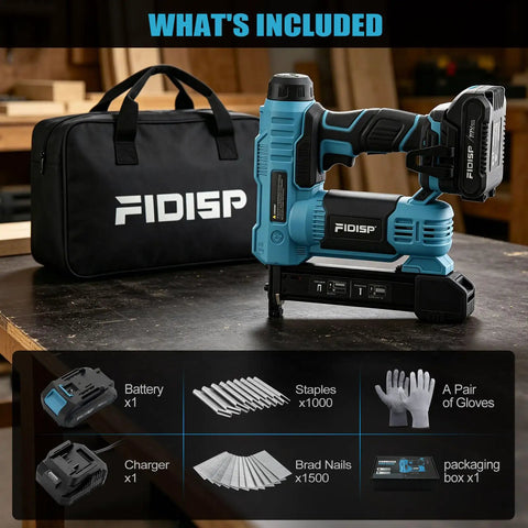 Legendary 18 Gauge Cordless Brad Nailer And Nail Gun With Fast Charge Battery Pack including battery, charger, staples, and brad nails.