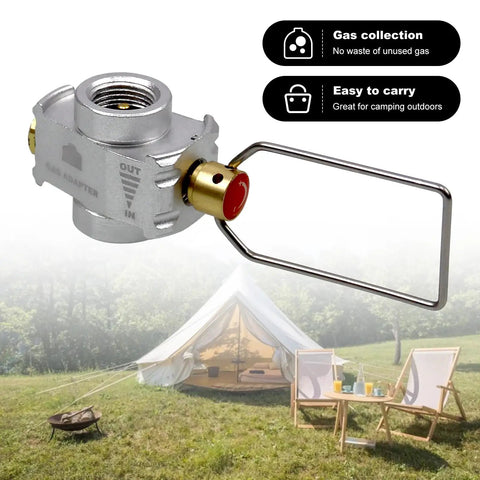 Backpacking Fuel Transfer Device Gas Canister Refill Adapter with foldable handle near camping tent outdoors