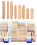 240 Piece Wood Dowels Kit With Sizes One Quarter Inch, Five Sixteenths Inch, And Three Eighths Inch, Tapered Ends With Beveled Grooves