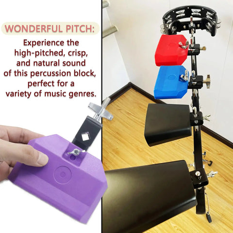 5 Inch Purple Jam Block With Mounting Bracket For Percussionists Durable Plastic Resin Latin Block Great For Cowbell Holders And Other Percussion Setups Built To Take On Busy Practice Sessions Gig Ready purple block on percussion stand