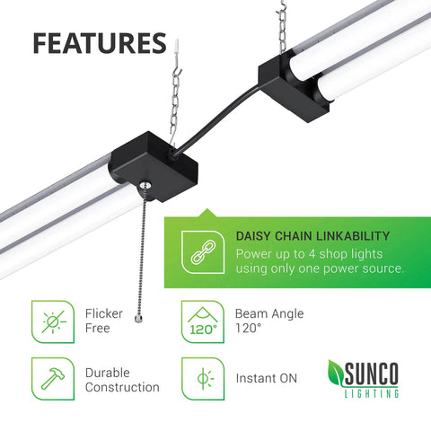 Sixteen Pack 4 Ft LED Shop Light For Garage And Workshop, Linkable Frosted Fixture with pull chain, 5000K Daylight.