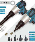 Heavy Duty 2 In 1 Electric Rivet Gun And Nutsetter Tool With Memory Mode featuring various nozzle sizes and accessories for versatile use.